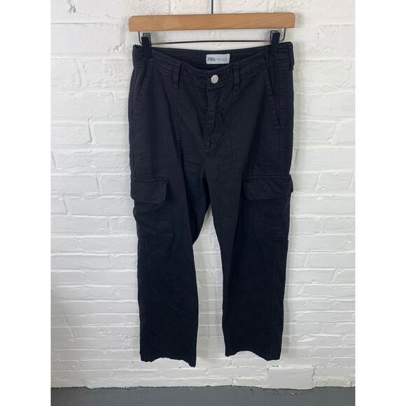 Zara Women's Straight Leg Cargo Pant Denim Y2K Style Neutral Black Size 4 - Picture 1 of 5